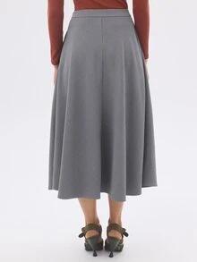 KÆRIA Hus Rok Midi A-Line Berpanel - Potongan Rapi - Warna Abu-abu Cross Dye - Pakaian Kerja, Rok Lebar, Gaya Preppy - Grey - View 2