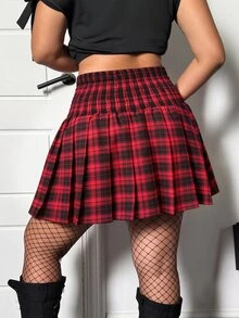 Whyspr Plus Size Spring/Summer Punk Plaid Pleated Skort - Red - View 2
