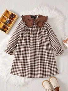 SHEIN Tween Girl Tween Girl Tween Girl Autumn/Winter Daily Pastoral Plaid Patchwork Peter Pan Collar Dress - Brown - View 5