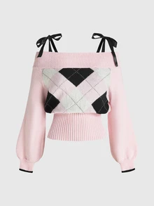ROMWE Kawaii Sweater Pullover Lengan Lentera Off-Shoulder Motif Z Rajutan Tebal Romantis Seksi dengan Desain Bahu Terbuka, Warna Abu-abu Tua - Berwarna merah muda - View 1