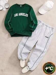 SHEIN 2件組青少年男孩返校套裝，深綠色圓領字母印花刷毛衛衣 + 混色灰長褲，秋季街頭校園風，柔軟面料休閒中性服飾，適合日常、上學、運動等場合，刷毛衛衣套裝 - 墨綠色 - 查看 3