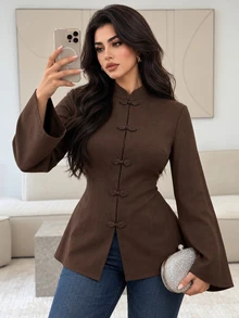 Solavon قميص نسائي مقاس كبير بلون موحد كاجوال متعدد الاستخدامات للاستخدام اليومي - قهوة بني - مشاهدة 5