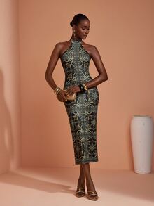 JIAN LASALA Knit Halter Neckline Sleeveless Back Slit Elegant Midi Dress Casual Vacation Party - Multicolor - View 5