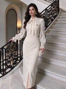 Modelyn Women's Elegant Stand Collar Bowknot Design Front Pleated Patchwork Hem Slit Fitted Bodycon Long Sleeve Dress For Office, Daily, Date Wear, Autumn - Apricot - View 5
