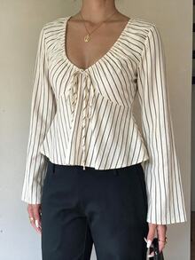 Siren Gaze Women's Minimalist Striped Colorblock Tie-Front Long Sleeve Shirt - White - View 6