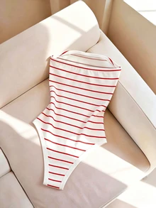 SHEIN Franclia 時尚修身性感無肩帶條紋女款連身衣 - 紅色 - 查看 2