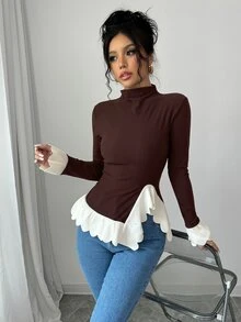 Elenzga 女款對比飾邊不對稱下擺高領T恤，秋冬女裝，聖誕 - 彩色 - 查看 3
