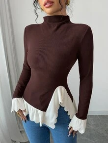Elenzga 女款對比飾邊不對稱下擺高領T恤，秋冬女裝，聖誕 - 彩色 - 查看 6