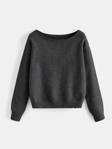 SHEIN BASICS Women's Solid Color Loose Boat Neck Long Sleeve Sweater, Autumn/Winter Knitwear - Dark Grey - View 1