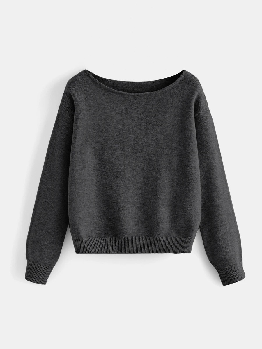 SHEIN BASICS Women's Solid Color Loose Boat Neck Long Sleeve Sweater, Autumn/Winter Knitwear - Dark Grey - View 1