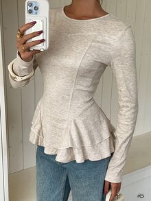 Siren Gaze Women's Solid Color Casual Round Neck Long Sleeve Ruffle Hem T-Shirt, Fitted Ruffle Hem Blouse, Knit Base Layer, Elegant Versatile Autumn/Winter T-Shirt - Apricot - View 2