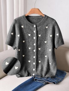 CosyJoli 大尺碼女款愛心刺繡圓領短袖單排扣休閒可愛仙氣針織開襟衫 秋季 正式約會之夜派對 米色 冬季 - 灰色 - 查看 7