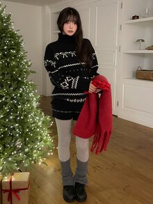 DAZY Women's Korean Style High Neck Long Sleeve Autumn/Winter Sweater 2 Pieces Set - Black - View 5