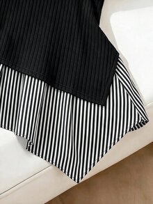 GlowEve CURVE 大尺碼女款條紋拼接短袖休閒上衣，夏季 - 黑色 - 查看 3