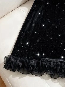 GlowEve CURVE Plus Size Rhinestone Collar Shiny Velvet Mini Dress, Long Sleeve Ruffle Hem Evening Party Black Gown - Black - View 4