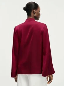 Aveloria Modichic Light Luxury Burgundy Acetate Satin New Chinese Style Jacket, Handmade One-Character Frog Button & Tassel Design, Stand Collar, Long Sleeve, Tang Suit, Daily, Banquet, Commute, National Style Top - Burgundy - View 4