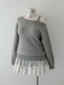 Sunspun Plus Size Women's Pure Desire Cute Style Solid Gray Asymmetrical Off-Shoulder Cami Knit Sweater Pullover, Suitable For Spring/Autumn/Winter/Daily Commute/Home/Outdoor/Travel/Vacation/Date Outfits - Grey - View 6