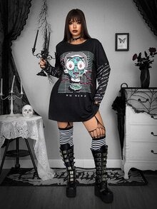 Whyspr Rick and Morty X SHEIN Black Pixel Robot Print 2 In 1 T-Shirt Dress, Cyber Y2K Street Goth Style, Spring Autumn, Halloween Comic-Con Daily Wear Fall - Black - View 4