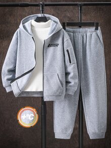 SHEIN Tween Boy Letter Graphic Kids Hoodie And Pants Casual Daily Outfit Set - Grey - View 1
