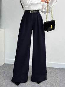 SHEIN Tall CURVE 大尺碼女款純色百褶休閒優雅百搭寬腿褲，高腰黑色，適合日常穿著、通勤、職場辦公、正式場合，秋季款 - 藏蓝色 - 查看 6