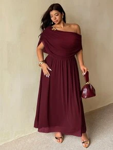 Auralis New Summer Brown Off Shoulder Ruffle Neck Metal Buckle Decor Plus Size Cinched Waist Flared Mesh Double Layer Dress Elegant Commute Evening Formal - Red Violet - View 4