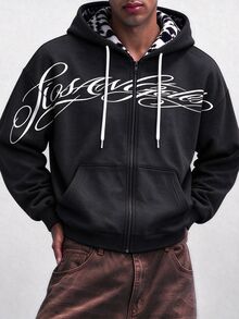 NobleFwd Men's Loose Zip-Up Hoodie, Los Angeles Script Print Jacket, Leopard Print Lining Casual Streetwear Sweatshirt Men's Zip-Up Hoodie - Multicolor - View 4