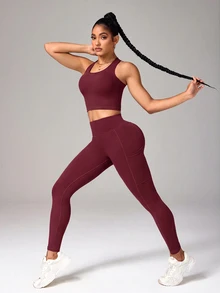 StreetHx Cropped Tank Top And Pocket Leggings Sports Set - Burgundy - View 8