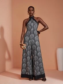JIAN LASALA Knit Halter Neckline Sleeveless Contrast Band Elegant Long Jumpsuit Vacation Causal - Multicolor - View 6