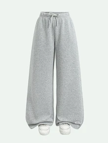 SHEIN 青少年女孩淺灰色休閒運動長褲，寬鬆前綁帶休閒運動褲，極簡街頭風，返校季 - 淺灰色 - 查看 3