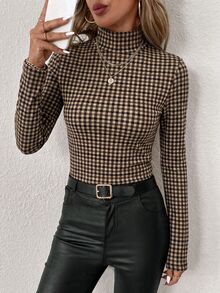 SHEIN Clasi 95% Cotton Full-Width Houndstooth Print Women's High Neck Long Sleeve Base Layer T-Shirt, Suitable For Autumn/Winter - Multicolor - View 5