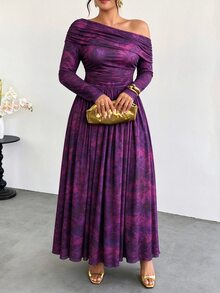 Firerie 大尺碼女款不對稱單肩百褶優雅收腰派對洋裝 - 彩色 - 查看 6