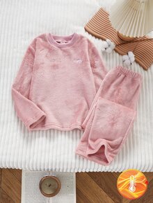 Genkimix Kids 女童蝴蝶結與愛心印花毛絨長袖上衣與長褲休閒舒適2件式居家服套裝，上衣附口袋愛心印花搭配滿版愛心印花長褲，保暖舒適面料，適合秋冬居家休閒、假日派對與親子穿搭 - 粉色 - 查看 3