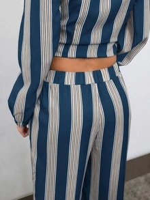 Nöista Women's Button Ruffle Trim Blouse And Striped Contrast Color Tapered Long Pants Set - Dusty Blue - View 10