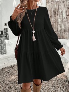 SHEIN VCAY 休閒簡約百搭秋冬純黑色寬鬆圓領大尺碼洋裝，適合日常通勤穿著 - 黑色 - 查看 1