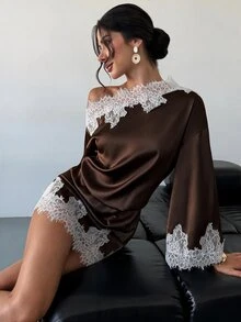 Firerie 女款優雅秋季沙烏地國慶返校季不對稱肩蕾絲拼接喇叭袖淺灰藍迷你洋裝 - 棕色 - 查看 10