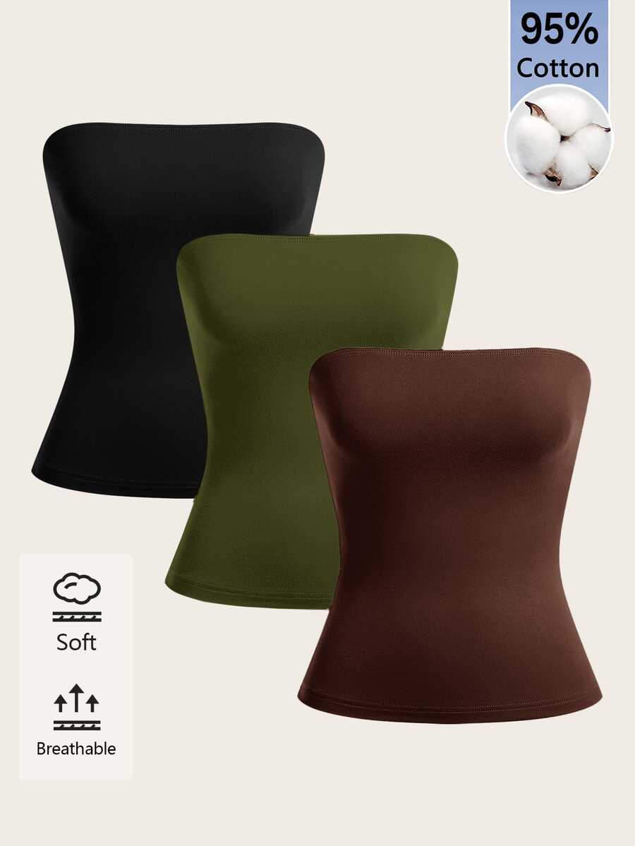 SHEIN BASICS 女款夏季休閒百搭保守簡約多功能純色抹胸上衣 日常黑色深棕色米色 白天辦公居家穿著 - 彩色 - 查看 1