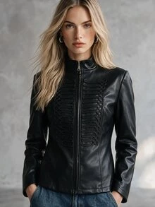Trelyra European And American Style Autumn/Winter New Fashion Versatile PU Leather Elegant Commuter Metal Zipper & Embroidery Decor Design Leather Jacket - Black - View 2
