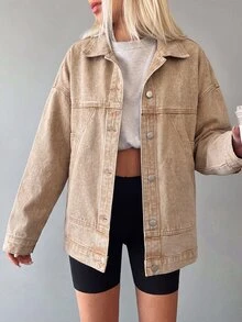 ZIRRA Women's Fashion Pocket Button Long Sleeve Denim Jacket - Khaki - View 5