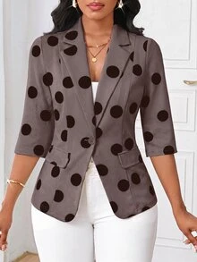 SHEIN Lady Women's Elegant Smart Casual Commute Office Polka Dot Print Blazer - Mocha Brown - View 5