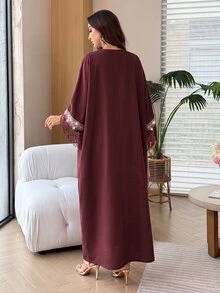 Yasmyna V-Neck Floral Ribbon Sequin Tassel Embellished Light Pink Arabian Dress Wedding Fringe Dress Fall/Winter Christening Guest Formal Modest Elegant - Burgundy - View 3