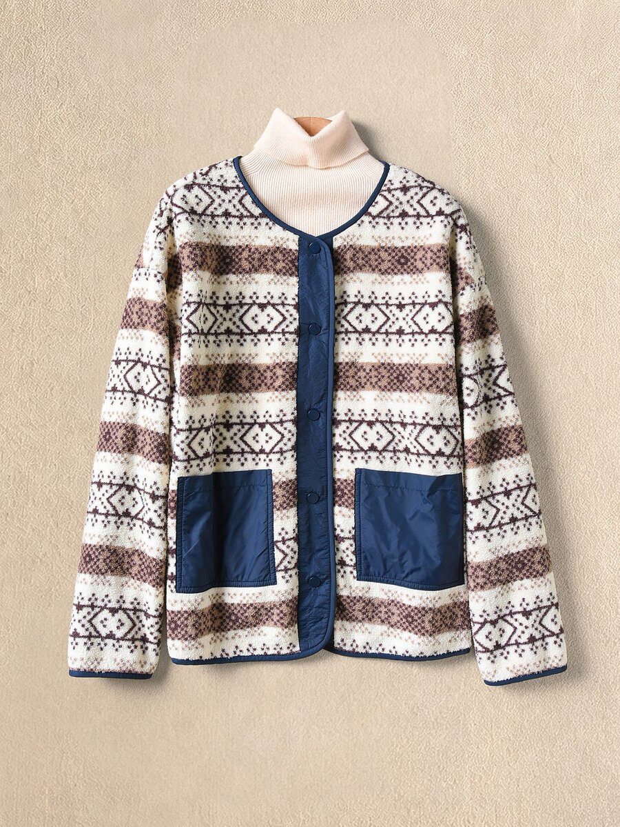 Rusticease Women's Geometric Pattern Long Sleeve Single-Breasted Casual Jacket - Multicolor - View 1