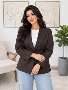 Solavon Plus Size Elegant Button Long Sleeve Blazer - Coffee Brown - View 7