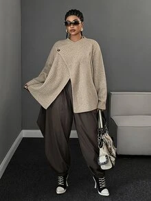 Maweii Plus Size Women's Autumn/Winter Brown Elegant Commute Knit Cardigan, Oatmeal Asymmetrical Asymmetric Button Lapel Two-Way Wear Knit Cardigan, Vintage Multicolor Ribbed Loose Design Slouchy Top - Khaki - View 7