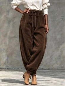 Holdful Holdful Women's Drawstring Waist Casual Versatile Daily Wear Long Pants - Brown - View 4