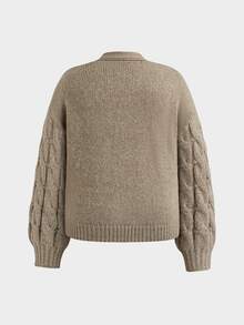 Sweetra Plus Size Fashion Cable Knit Horn Button Long Sleeve Sweater - Apricot - View 2