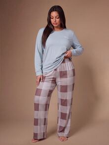 Lazeform Plus Size Women's 100% Cotton TOP Knitted Embroidered Top And Plaid Print Long Pants Pajama Set - Multicolor - View 5