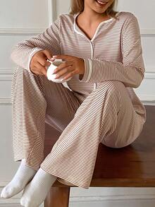 DAZY 2pcs Striped V-Neck Loose Long Sleeve Straight Leg Long Pajama Pants Set Women's Sleepwear - Red - View 3
