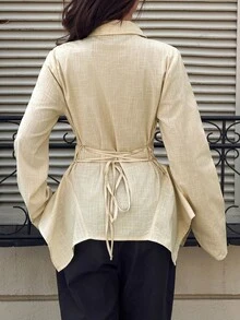 Siren Gaze 100% Pure Cotton Asymmetrical Waist Tie Back Elegant Ruffle Blouse, Fitted Shirt - Apricot - View 3