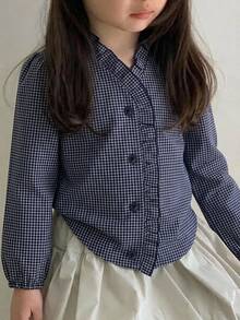 Dazy Kids Young Girl Sweet Ruffle Trim Button Long Sleeve Blouse - Blue - View 1