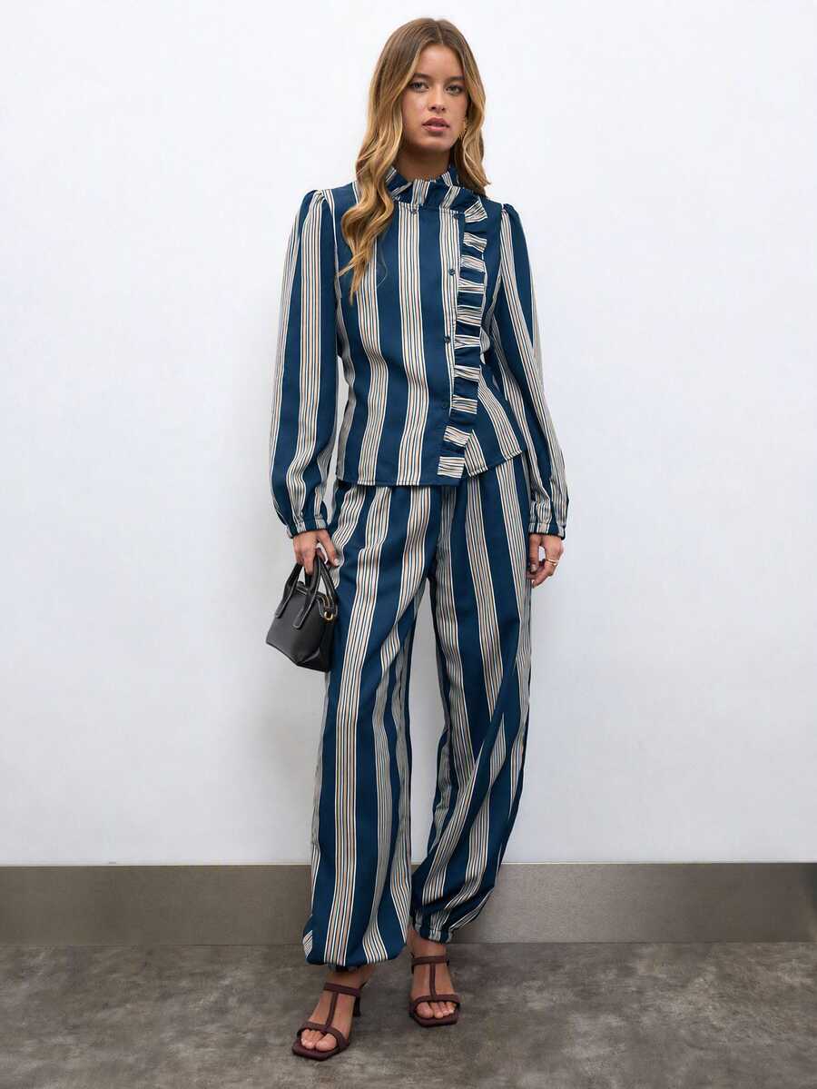 Nöista Women's Button Ruffle Trim Blouse And Striped Contrast Color Tapered Long Pants Set - Dusty Blue - View 1